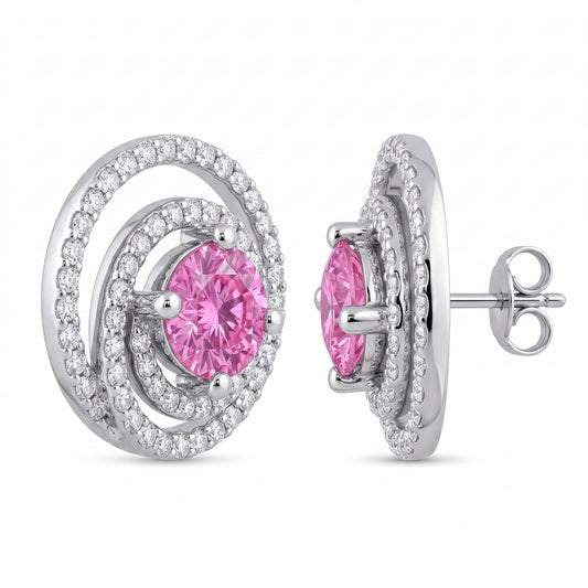 14k white gold 5mm round pink sapphire and one hundred eighteen round diamond swirl halo stud earrings, angled view, white background