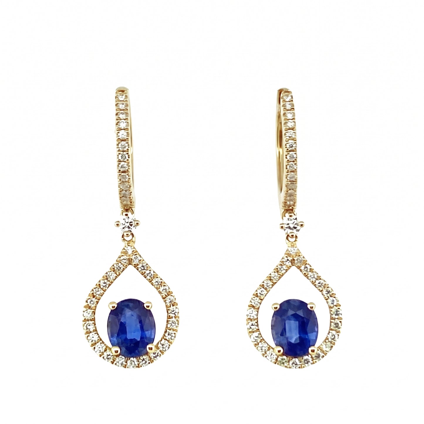 Oval sapphire and diamond yellow gold drop hoop earrings, pair view