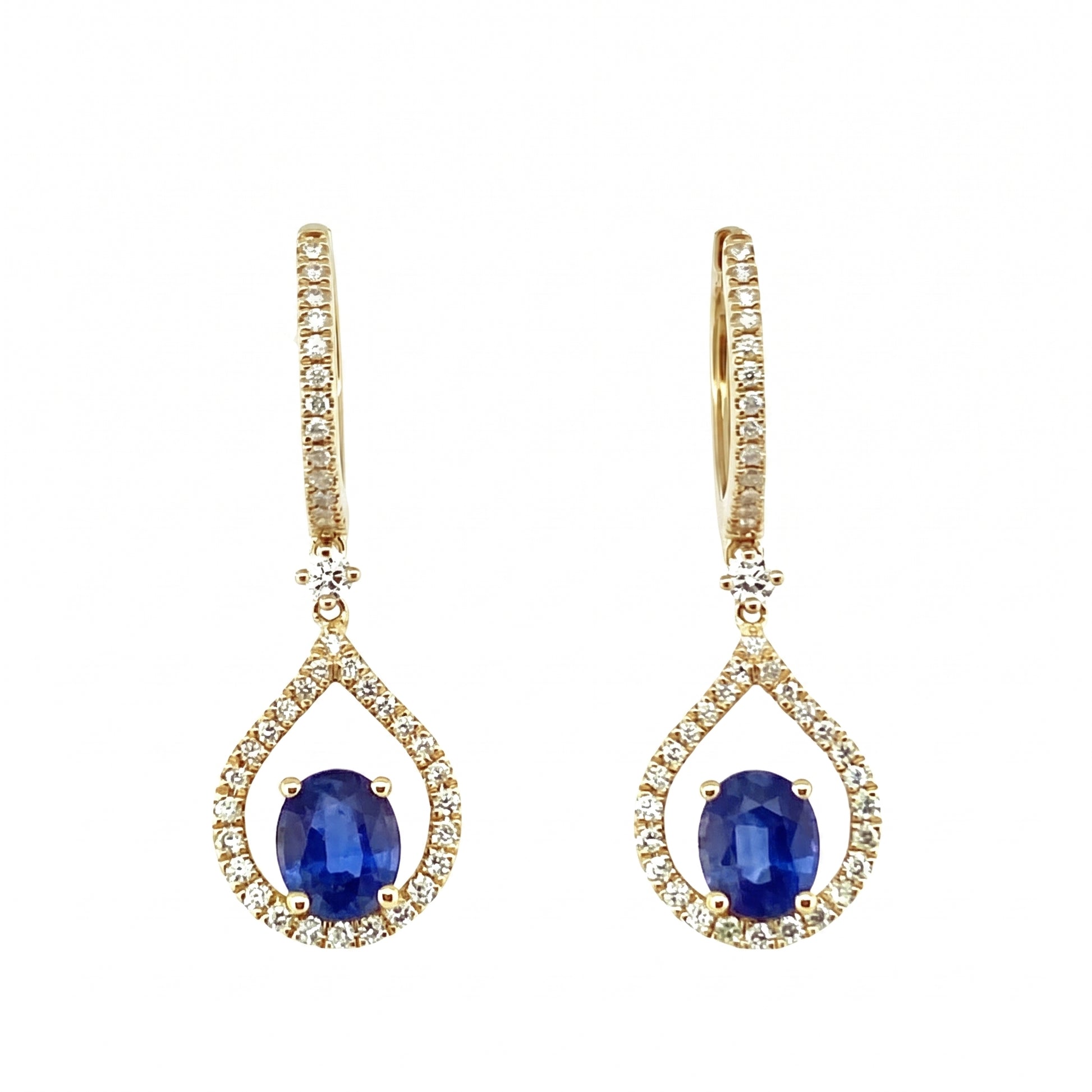 Oval sapphire and diamond yellow gold drop hoop earrings, pair view