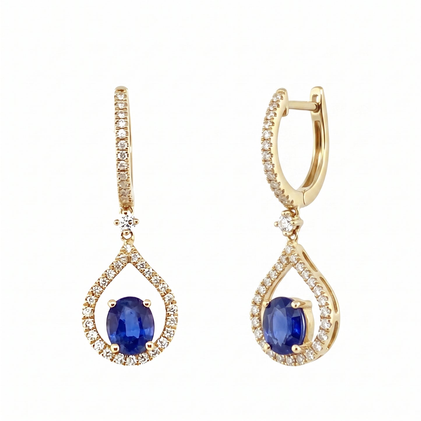 Oval sapphire and diamond yellow gold drop hoop earrings, turned three-quarter view