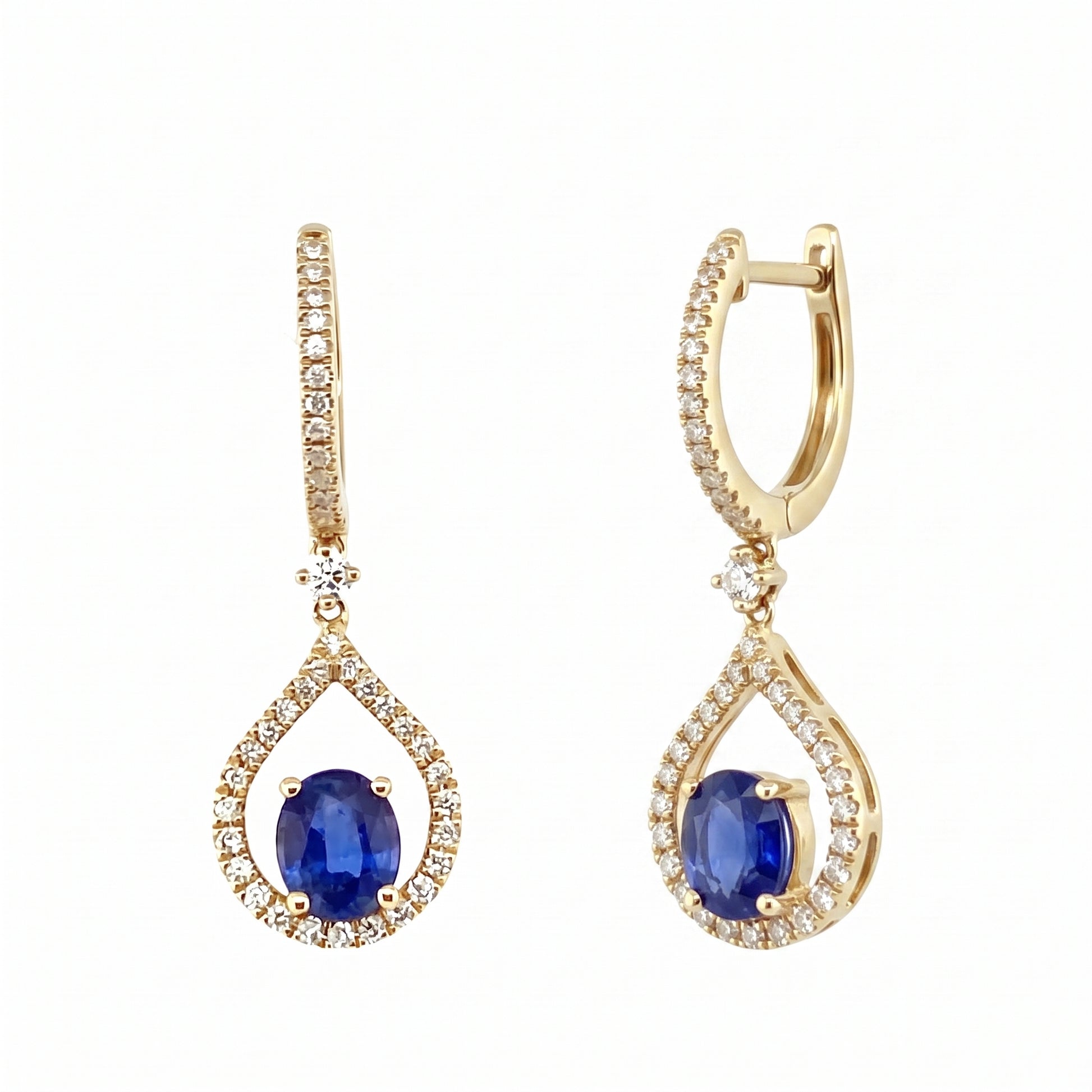 Oval sapphire and diamond yellow gold drop hoop earrings, turned three-quarter view