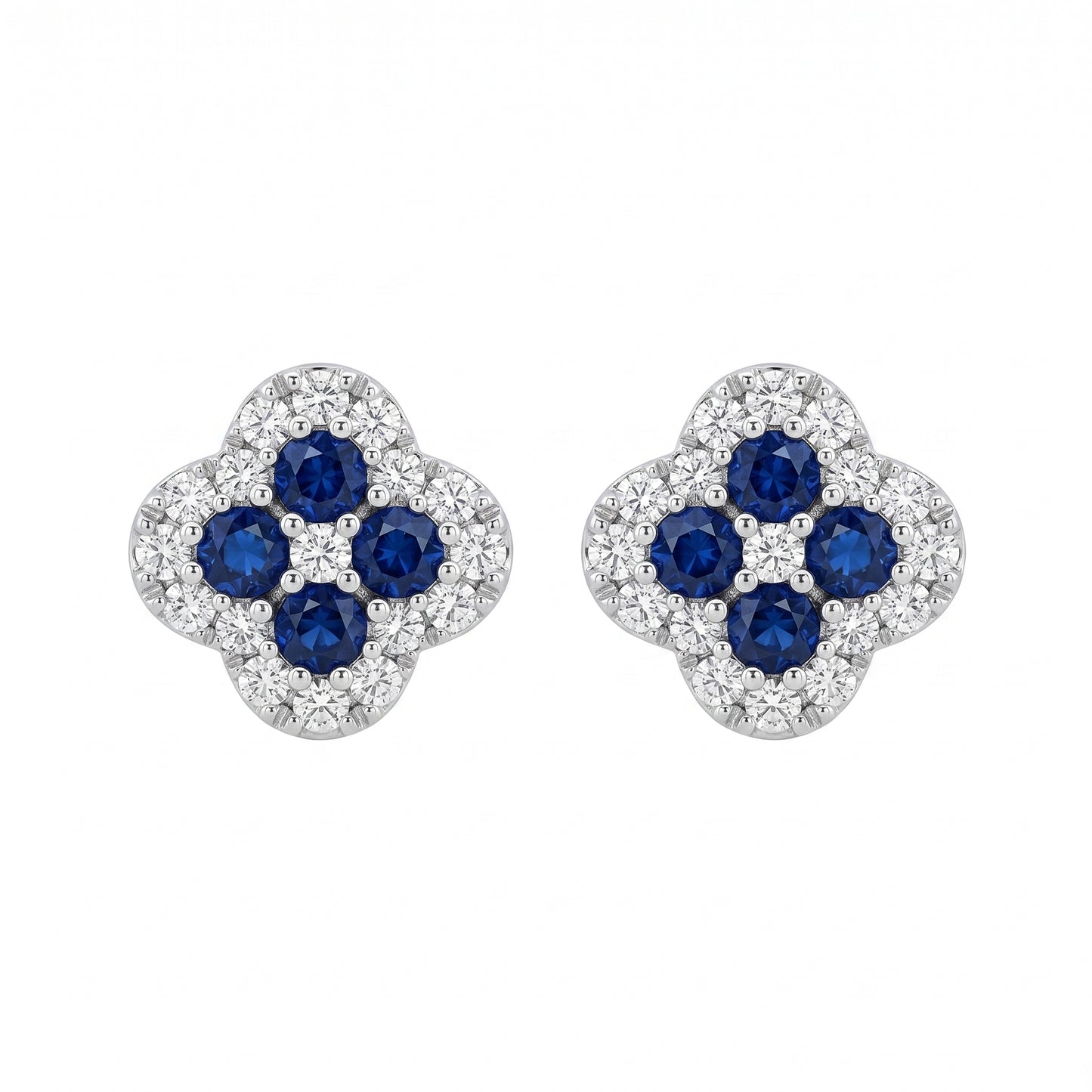 8 Round Sapphire & 34-Diamond Clover Post Earrings, 7.5mm - white background front view