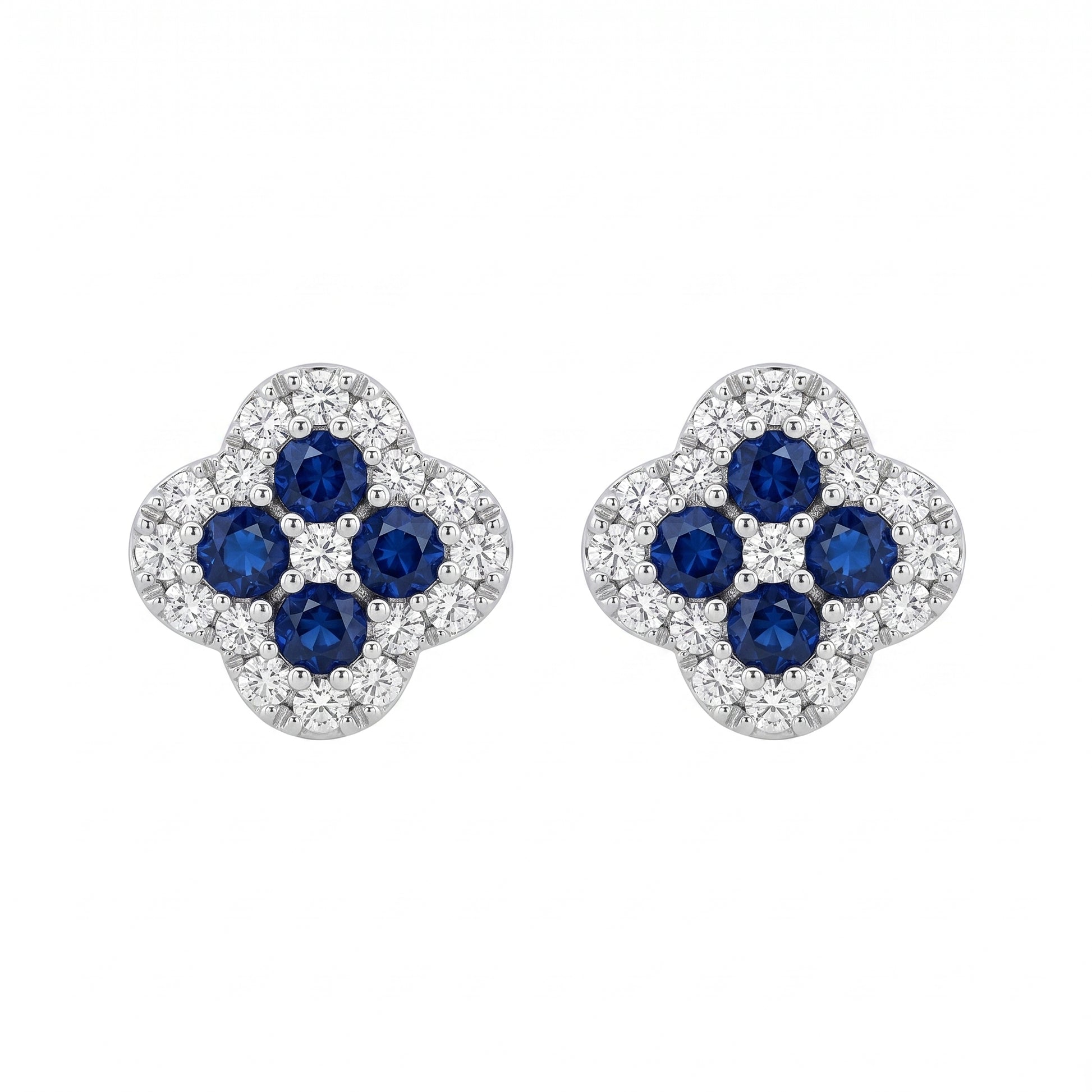 8 Round Sapphire & 34-Diamond Clover Post Earrings, 7.5mm - white background front view