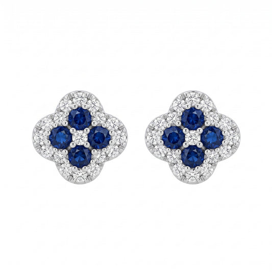 8 Round Sapphire & 34-Diamond Clover Post Earrings, 7.5mm - white background front view
