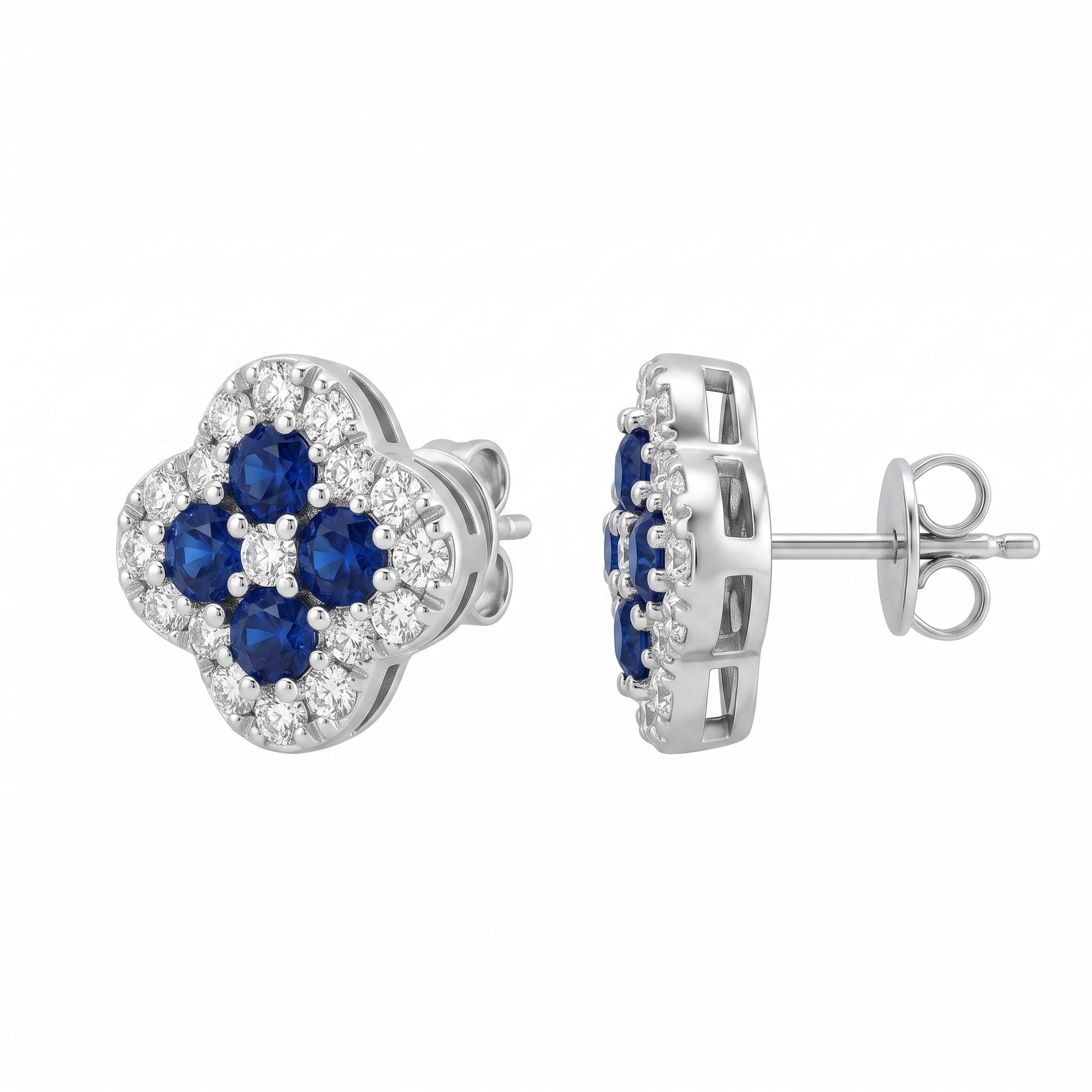 8 Round Sapphire & 34-Diamond Clover Post Earrings, 7.5mm - white background front and profile view