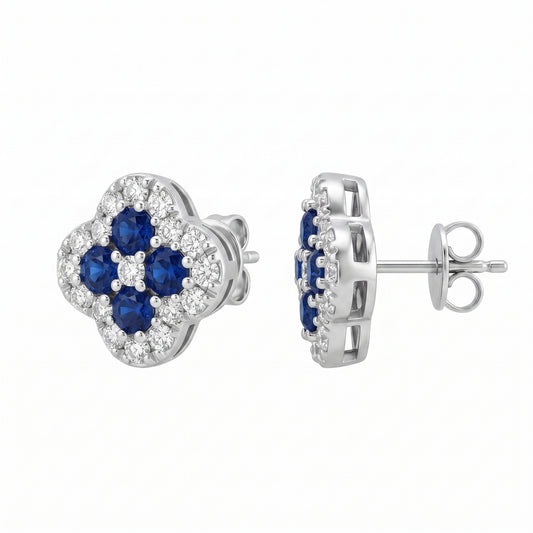 8 Round Sapphire & 34-Diamond Clover Post Earrings, 7.5mm - white background front and profile view