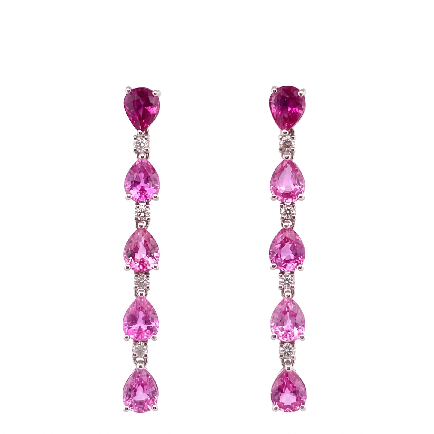 SEM1399W-P W-1 frontal pair - pear-shaped pink sapphire and round diamond linear station dangle post earrings in 14K white gold