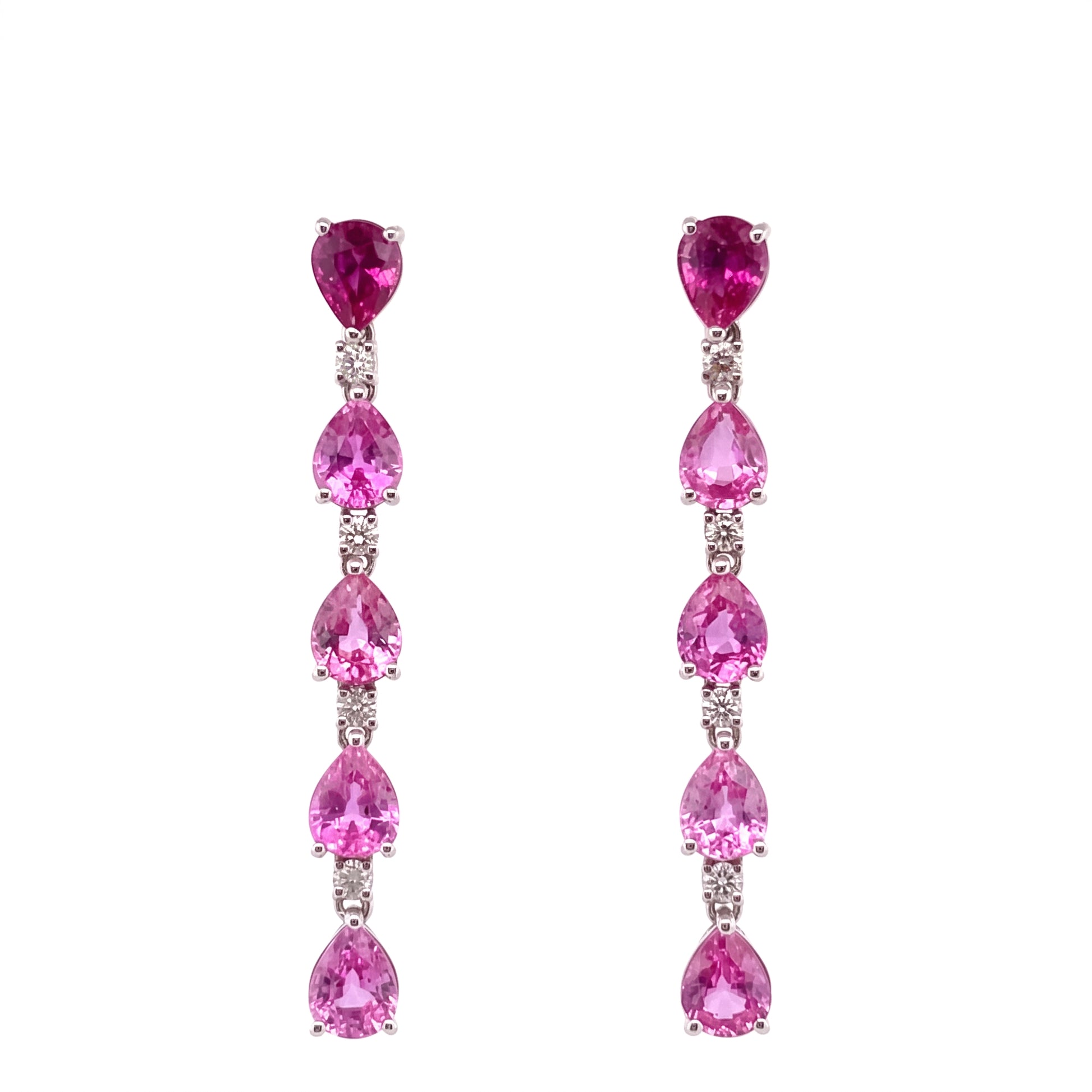 SEM1399W-P W-1 frontal pair - pear-shaped pink sapphire and round diamond linear station dangle post earrings in 14K white gold