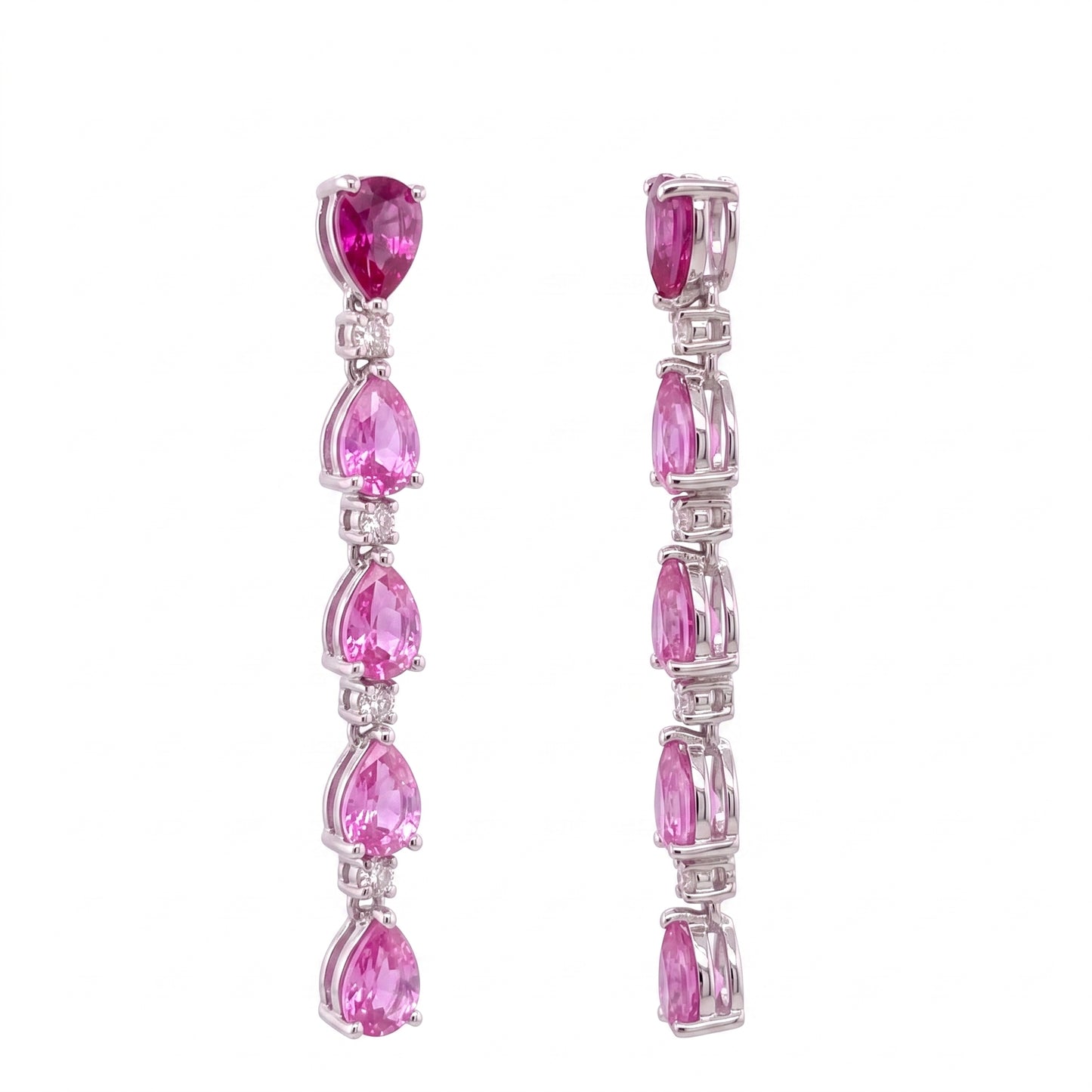 SEM1399W-P W-2 front and full side profile view - pear-shaped pink sapphire and round diamond linear station dangle post earrings in 14K white gold