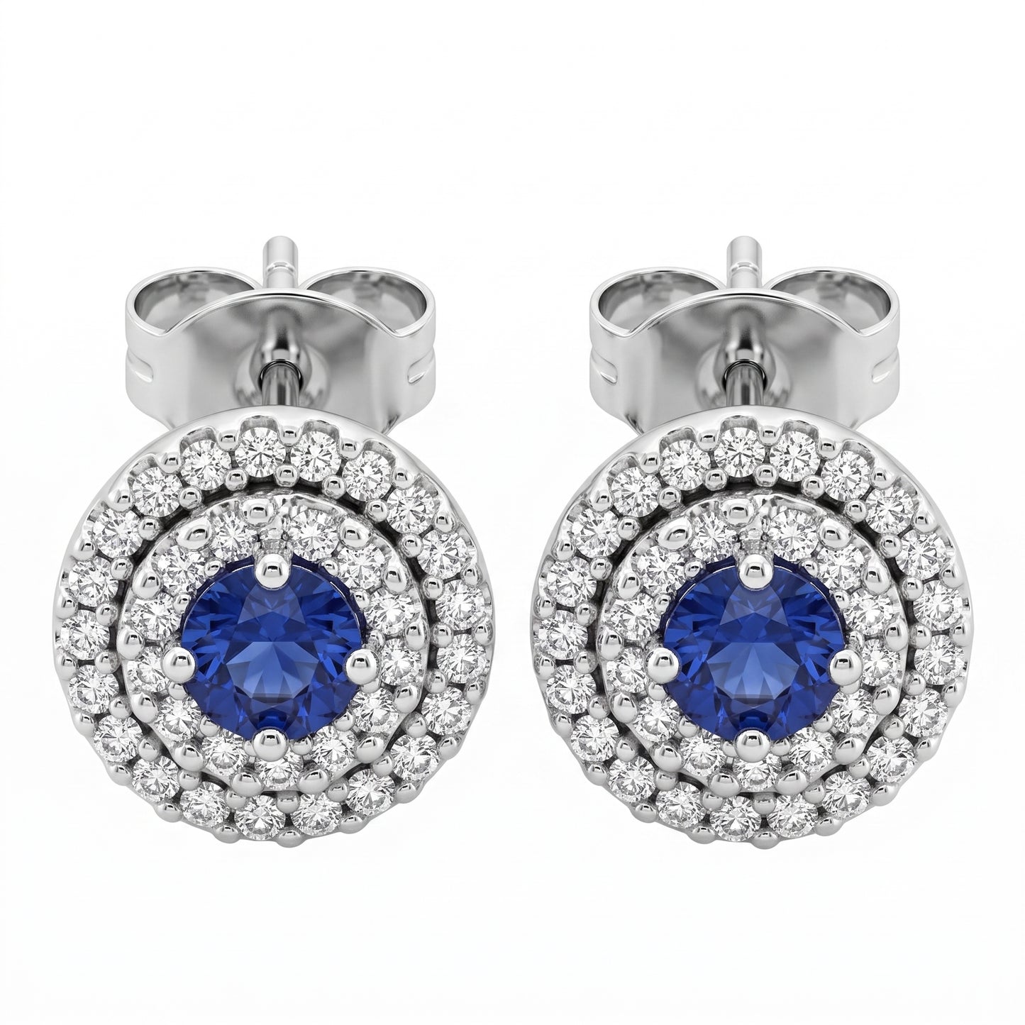 SEPL0049W 14K white gold double-halo post earrings with a round blue sapphire centre and two rows of pave diamonds, white background