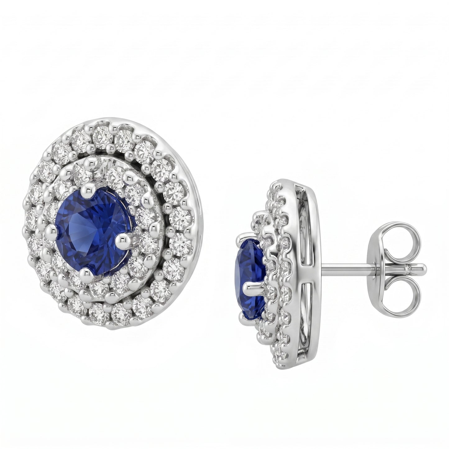 SEPL0049W 14K white gold sapphire and diamond double-halo post earrings, front and profile view, white background