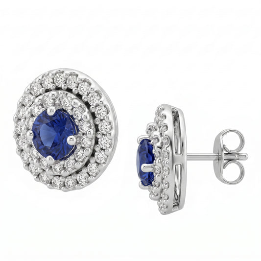 SEPL0049W 14K white gold sapphire and diamond double-halo post earrings, front and profile view, white background