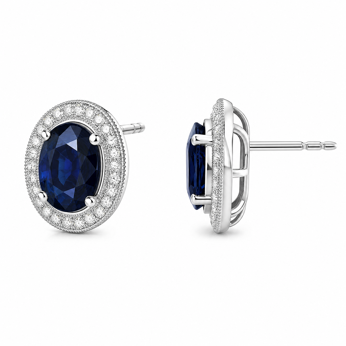 SERT0502W-OV W-2 turned view showing post and butterfly back - oval blue sapphire milgrain halo stud earrings in 18K white gold
