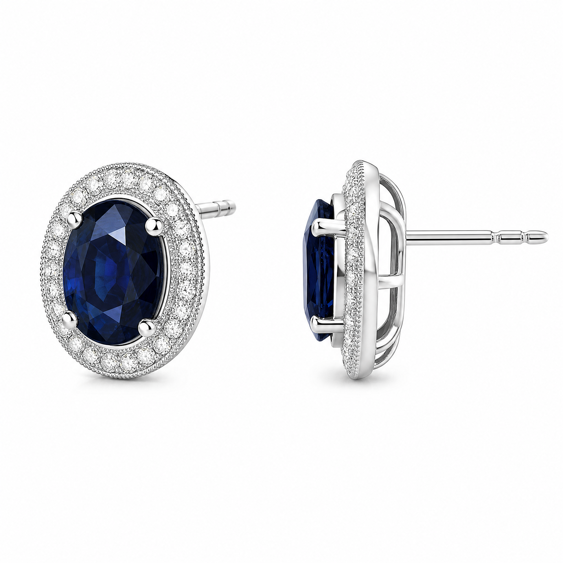 SERT0502W-OV W-2 turned view showing post and butterfly back - oval blue sapphire milgrain halo stud earrings in 18K white gold