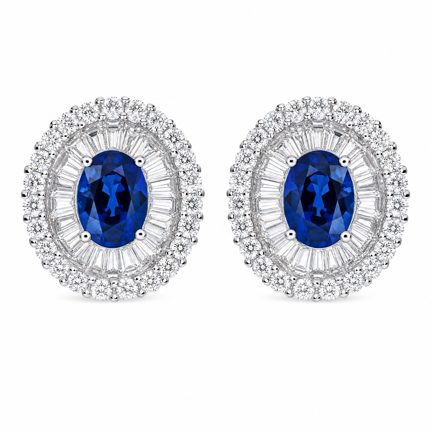 SERT0625W W-1 frontal pair - oval blue sapphire with round and tapered baguette diamond ballerina halo clip earrings in 18K white gold