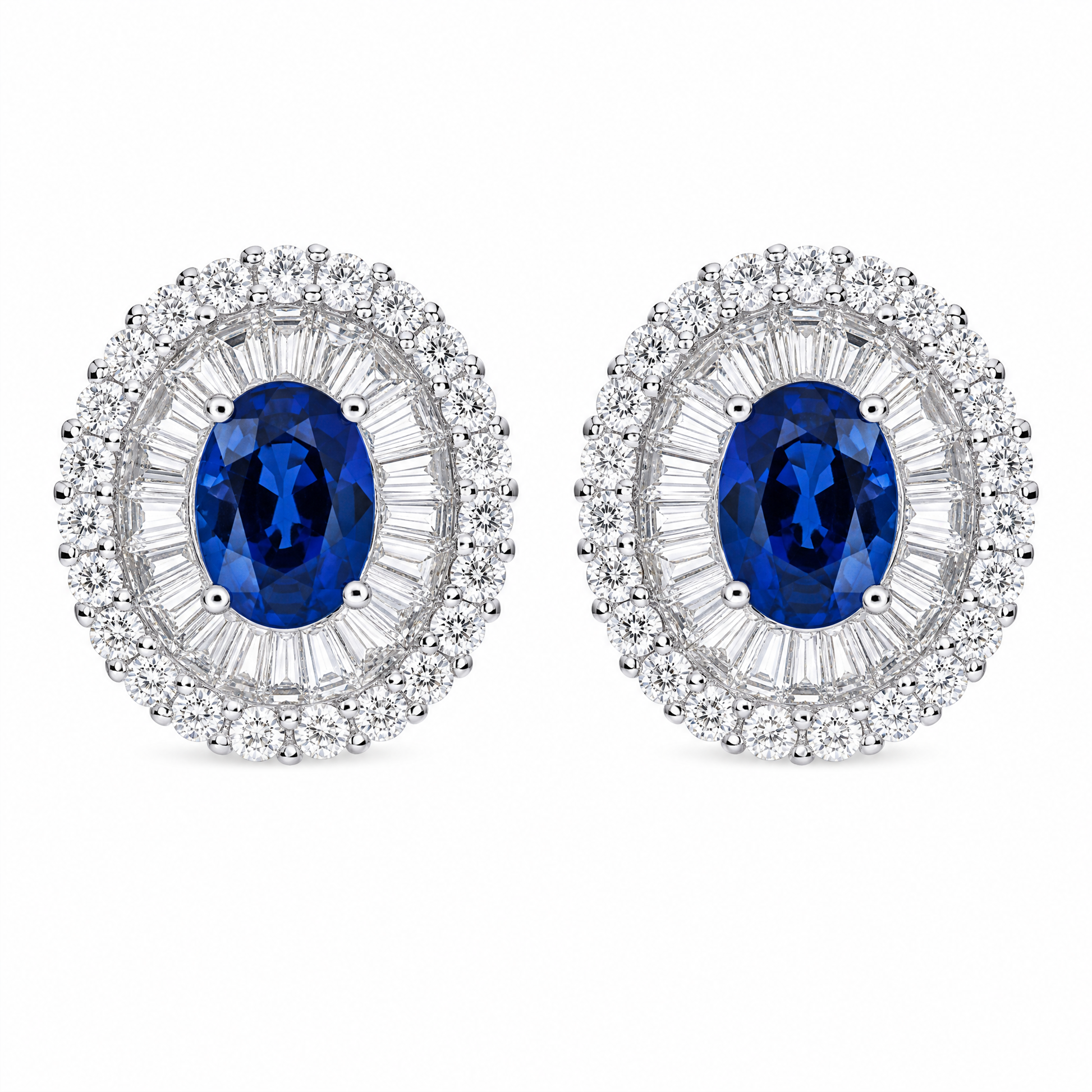 SERT0625W W-1 frontal pair - oval blue sapphire with round and tapered baguette diamond ballerina halo clip earrings in 18K white gold