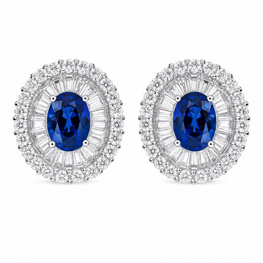 SERT0625W W-1 frontal pair - oval blue sapphire with round and tapered baguette diamond ballerina halo clip earrings in 18K white gold