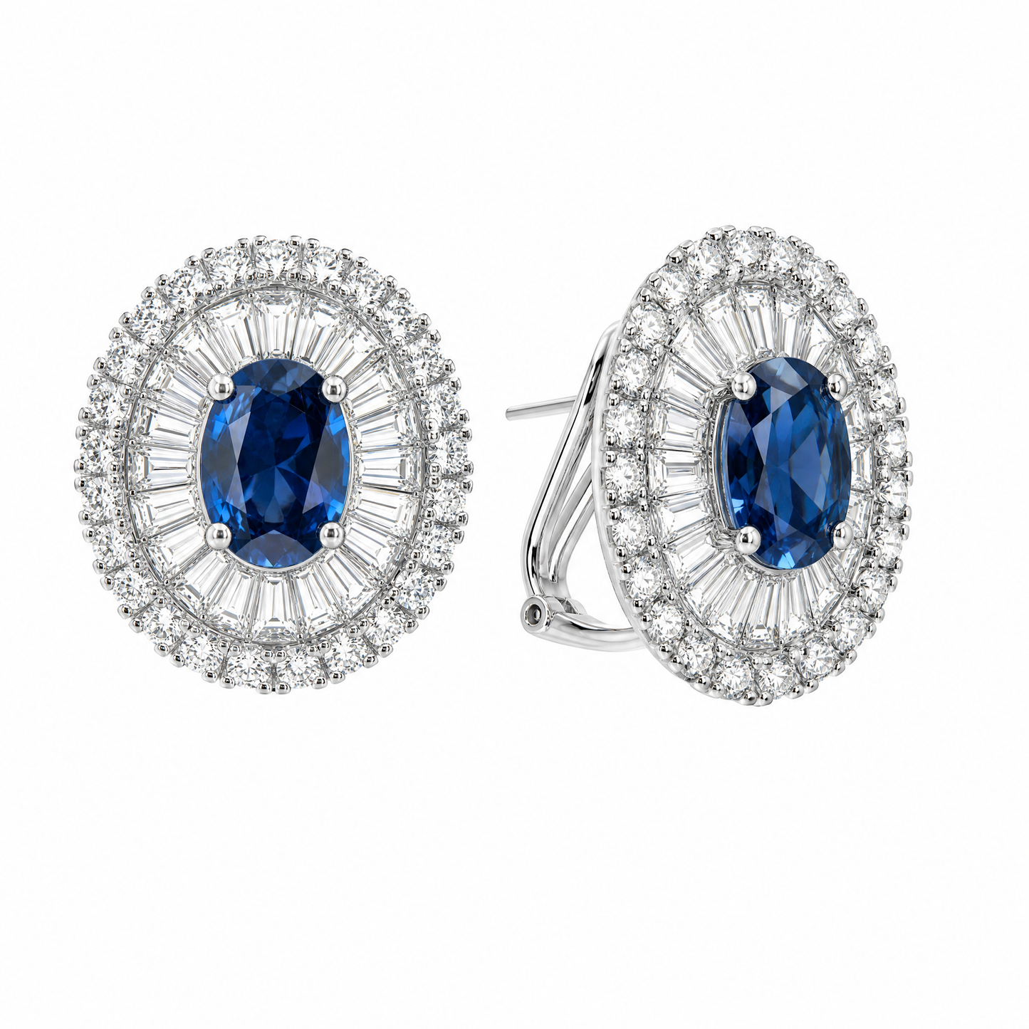 SERT0625W W-2 front and turned view showing French clip backing - oval blue sapphire with round and tapered baguette diamond ballerina halo clip earrings in 18K white gold