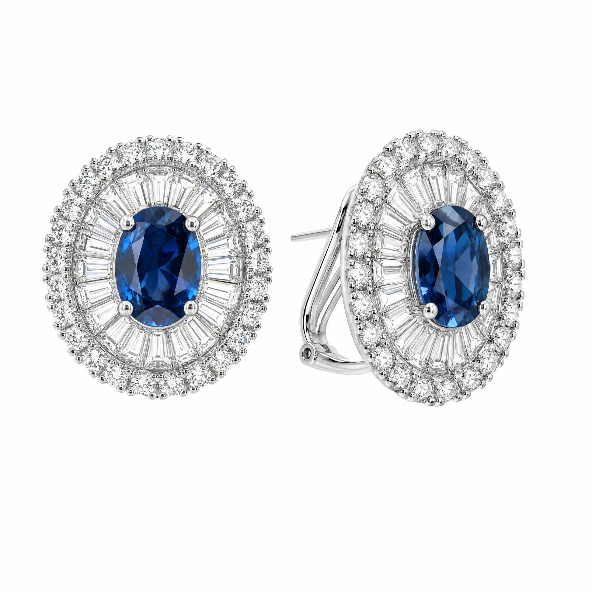 SERT0625W W-2 front and turned view showing French clip backing - oval blue sapphire with round and tapered baguette diamond ballerina halo clip earrings in 18K white gold