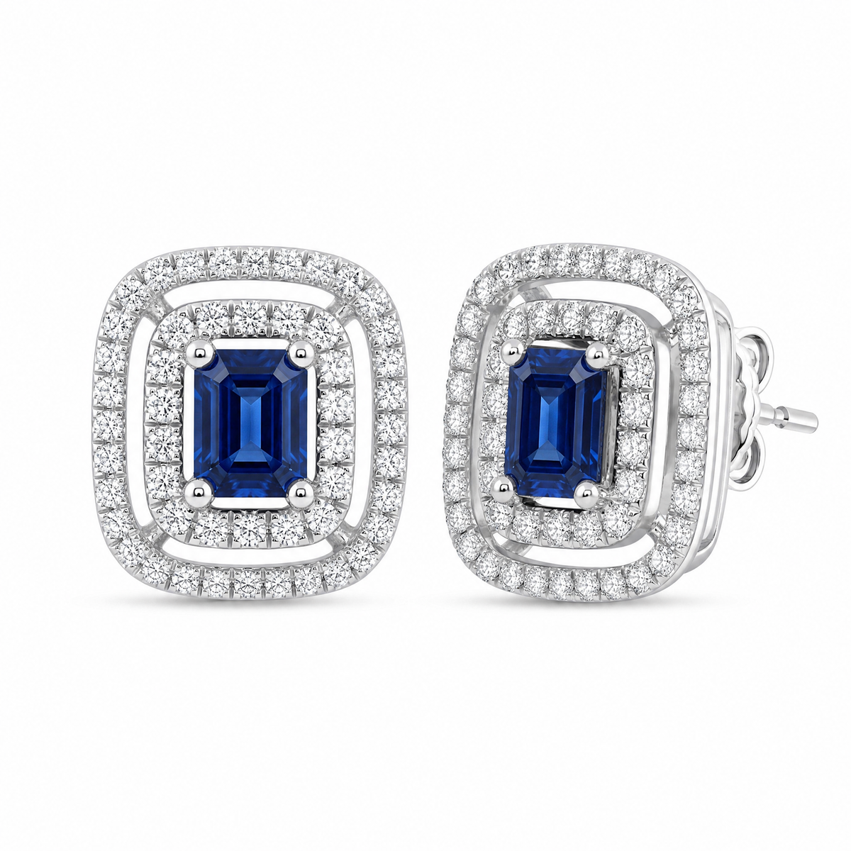 Blue Sapphire Double Halo Diamond Stud Earrings