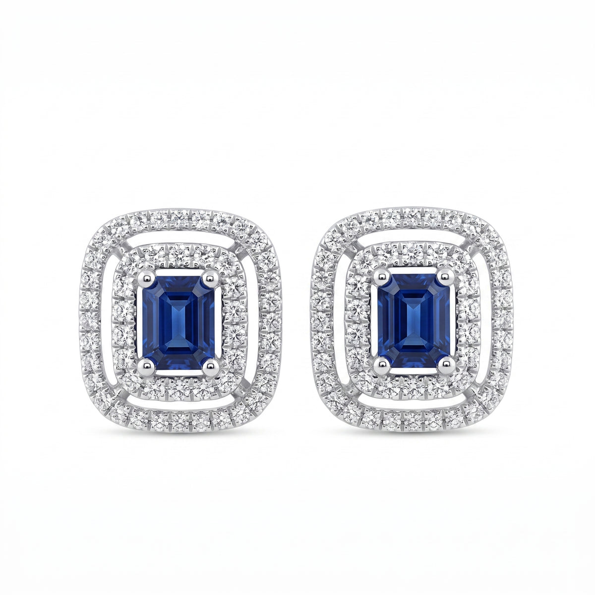 Blue Sapphire Double Halo Diamond Stud Earrings in 14K white gold, front view on white background