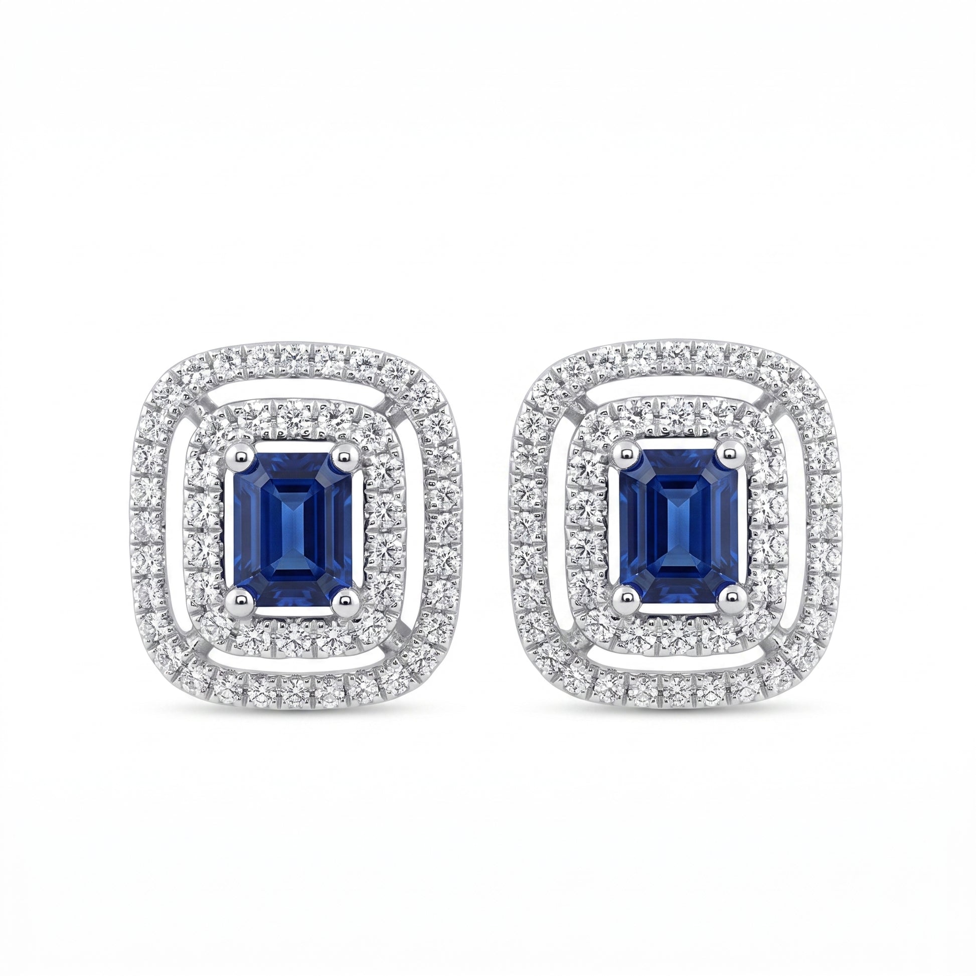 Blue Sapphire Double Halo Diamond Stud Earrings in 14K white gold, front view on white background