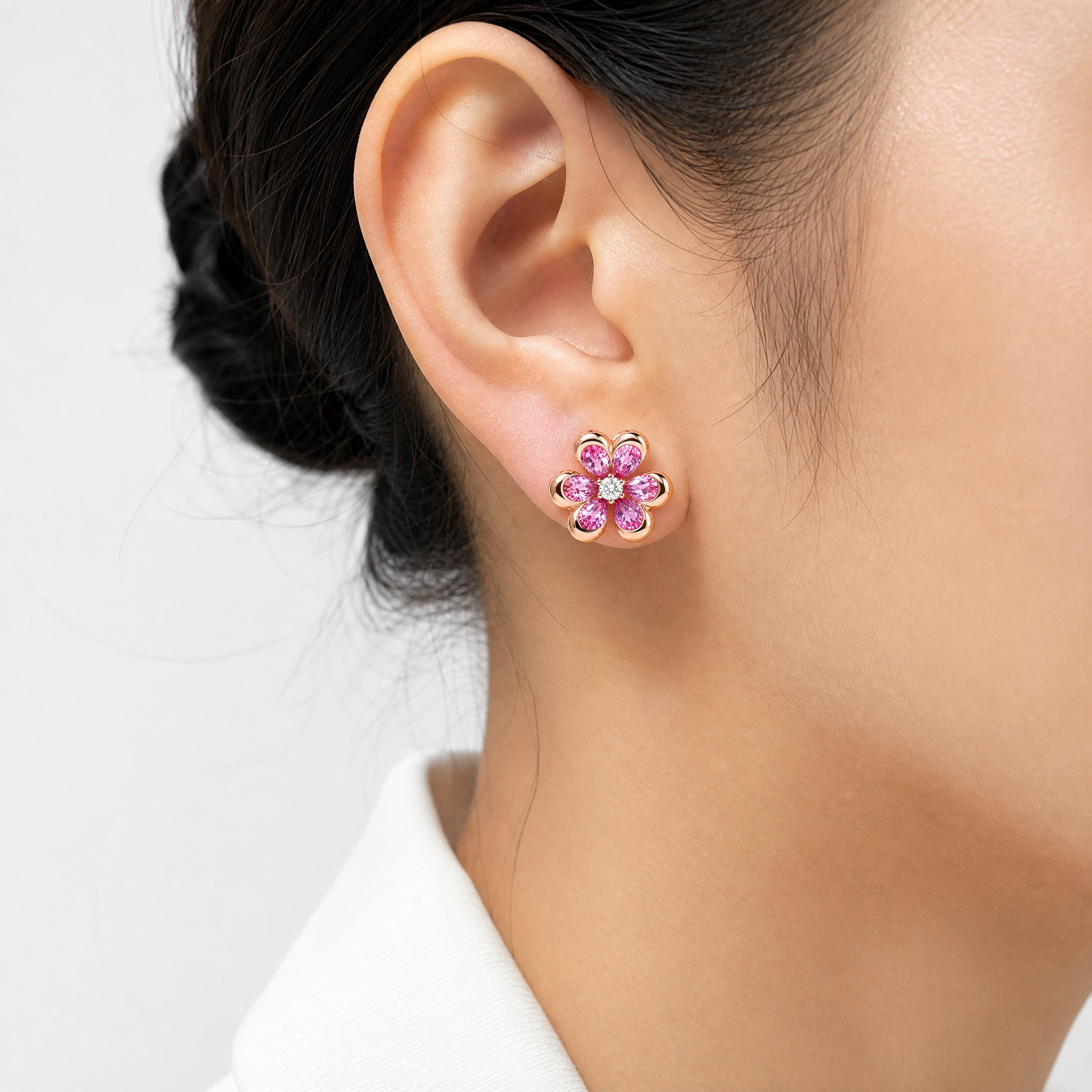 Pink Sapphire Clover Flower Stud Earrings - worn on model
