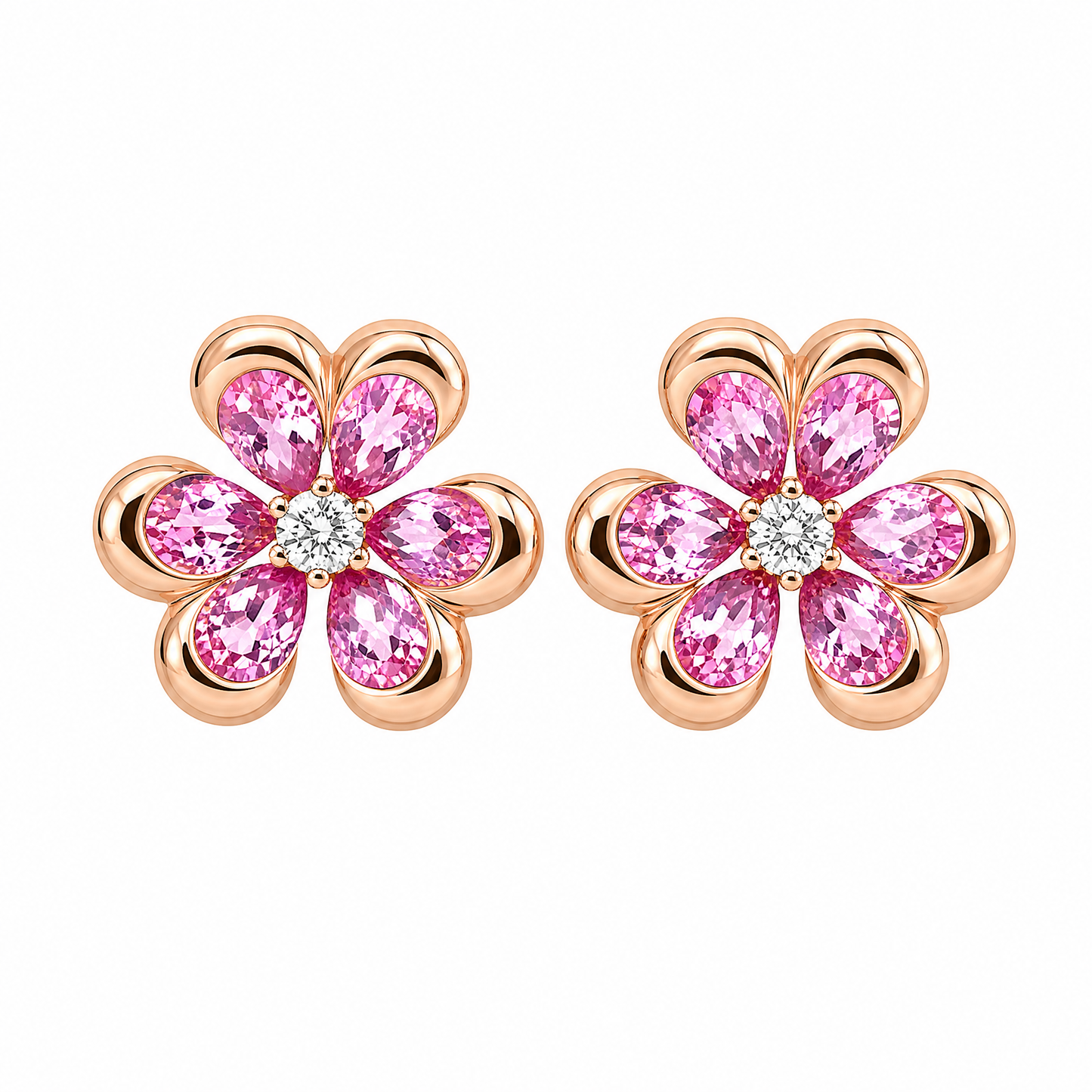 Pink Sapphire Clover Flower Stud Earrings - frontal pair