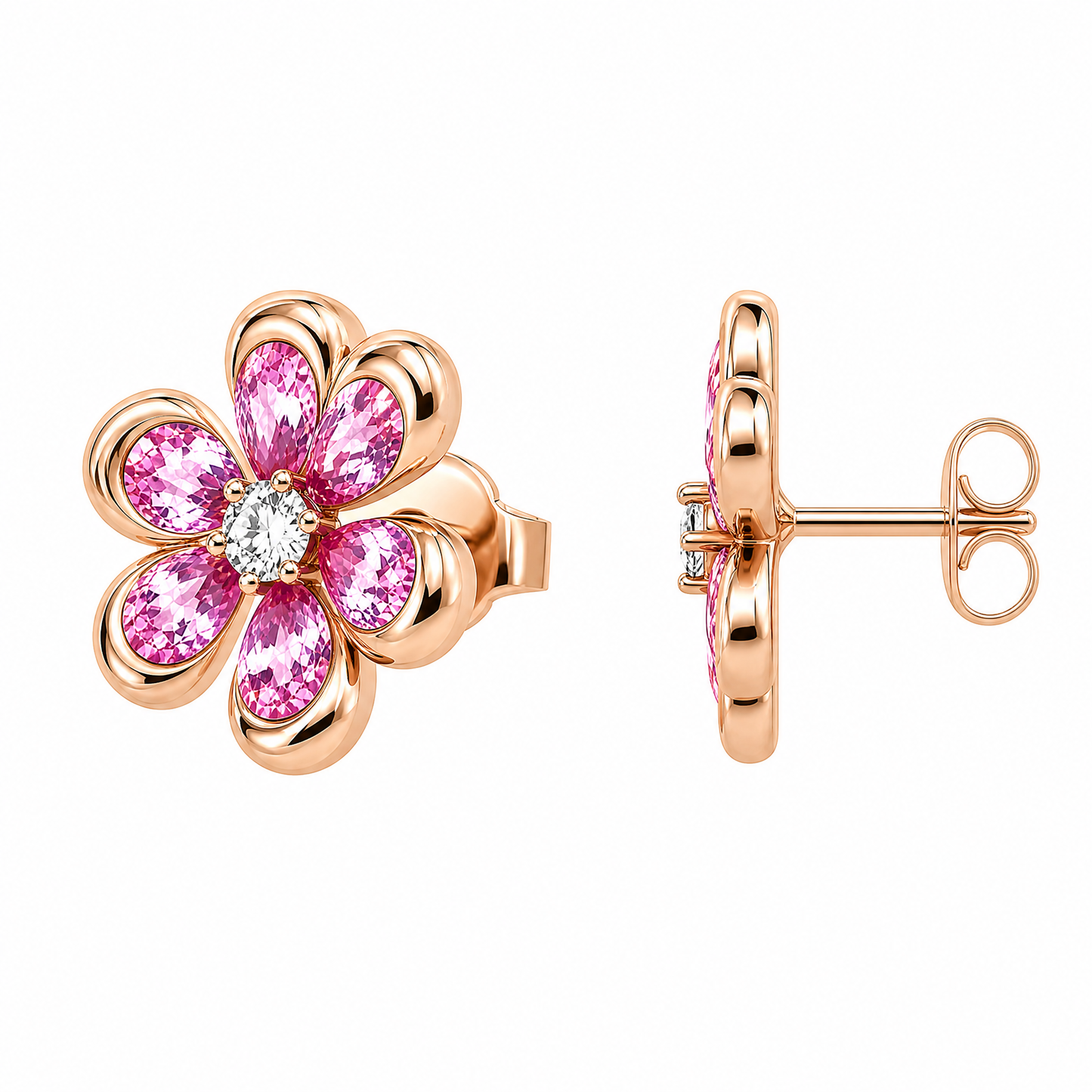 Pink Sapphire Clover Flower Stud Earrings - lateral view showing post and butterfly back