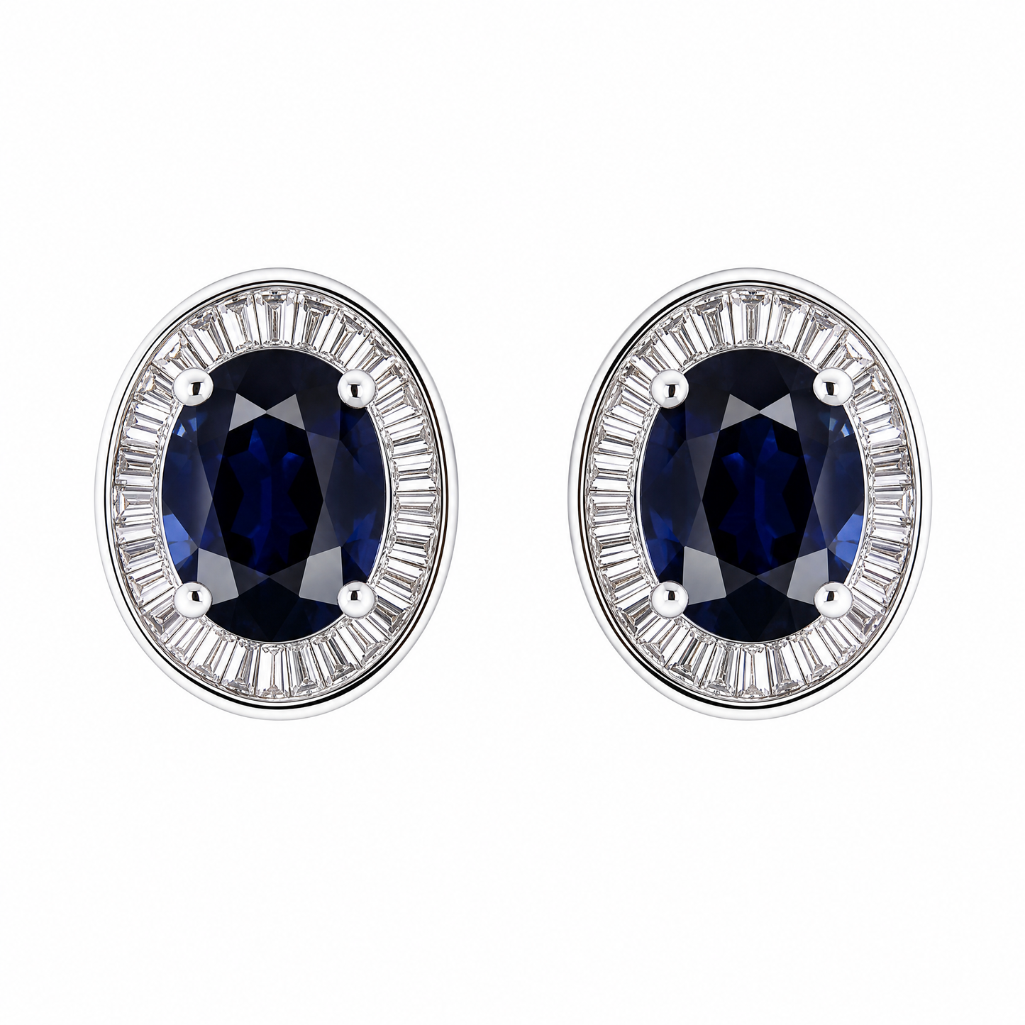 SETM0306AW W-1 frontal pair - oval blue sapphire with tapered baguette diamond ballerina halo stud earrings in 18K white gold
