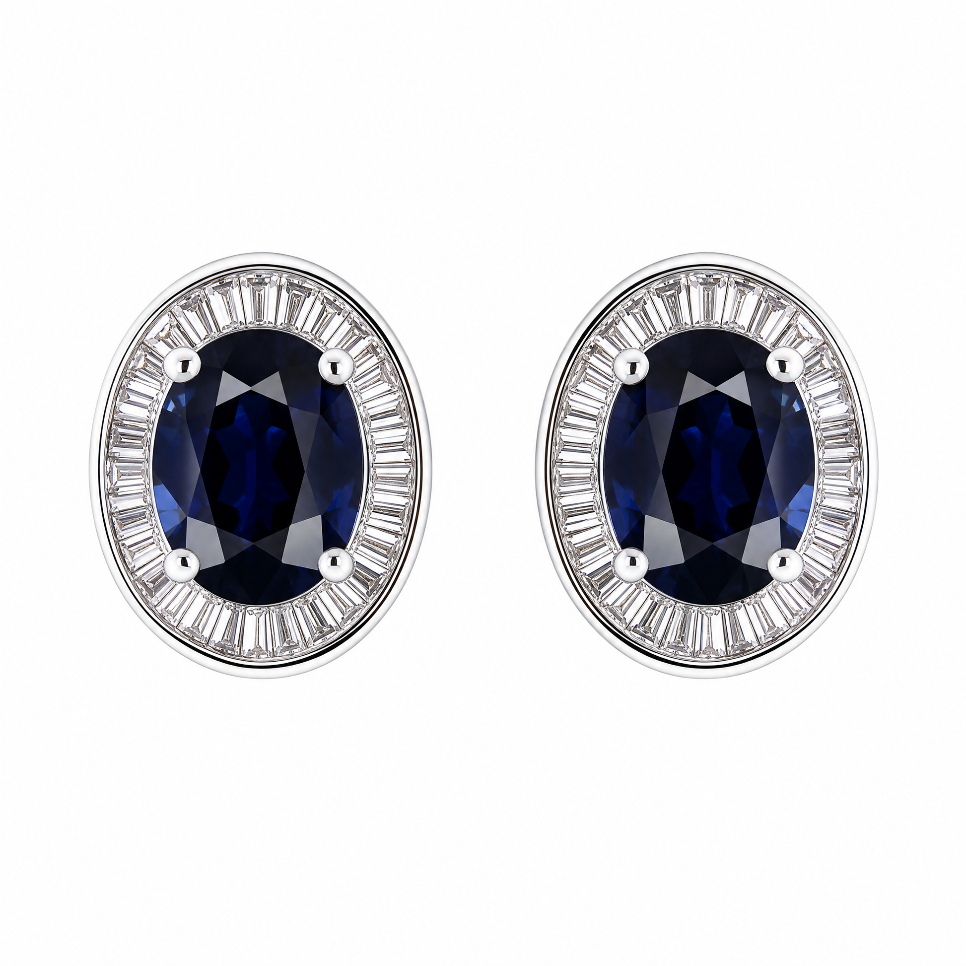 SETM0306AW W-1 frontal pair - oval blue sapphire with tapered baguette diamond ballerina halo stud earrings in 18K white gold