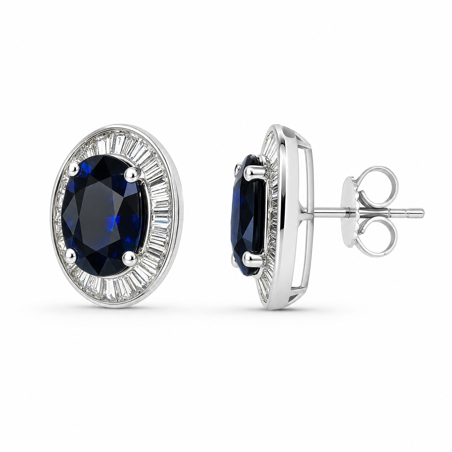 SETM0306AW W-2 turned view showing post and butterfly back - oval blue sapphire tapered baguette halo stud earrings in 18K white gold