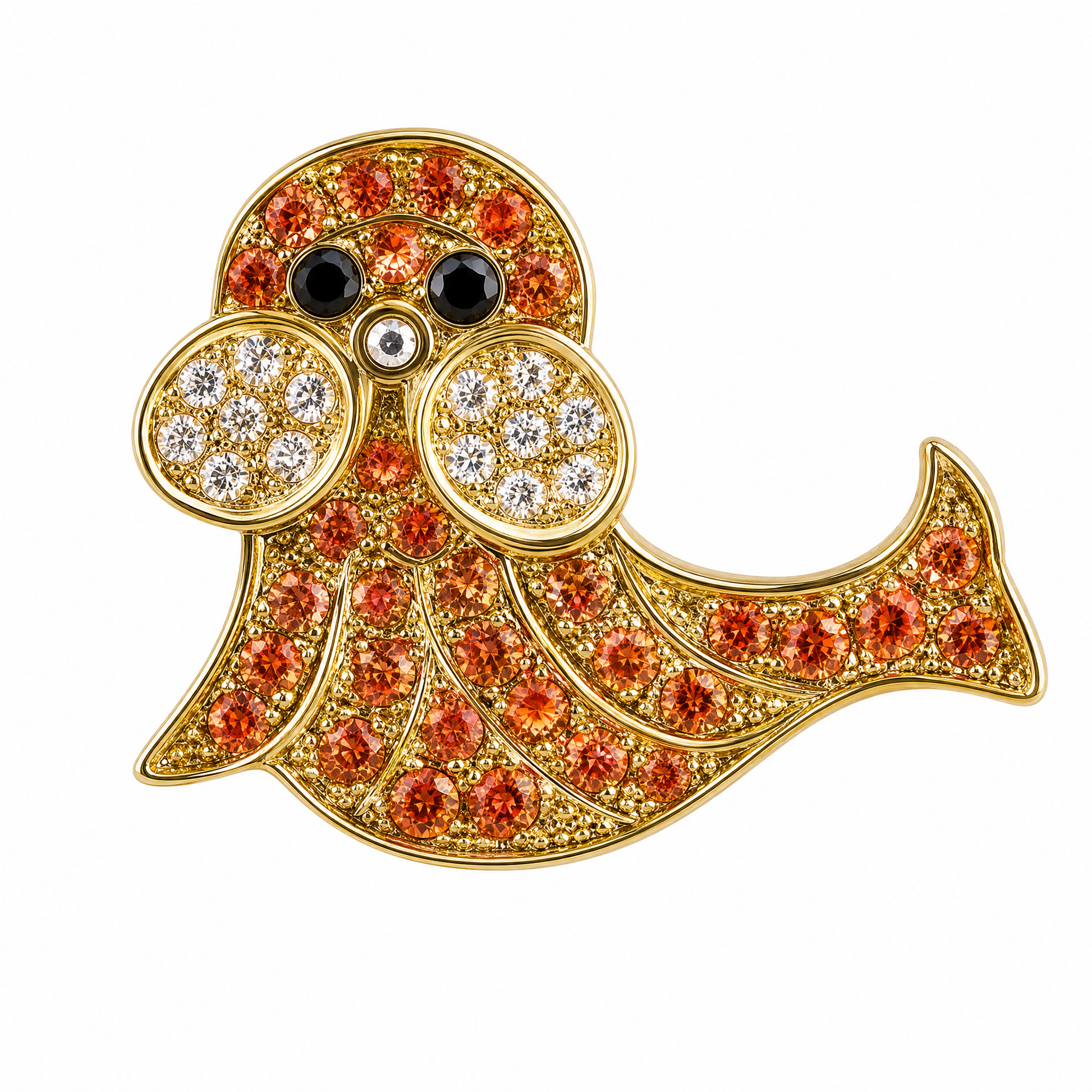 18K yellow gold orange sapphire and diamond seal pin-slider brooch, front view