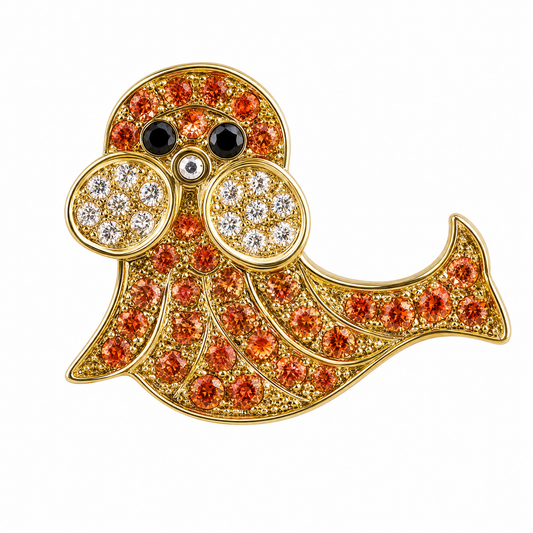 18K yellow gold orange sapphire and diamond seal pin-slider brooch, front view