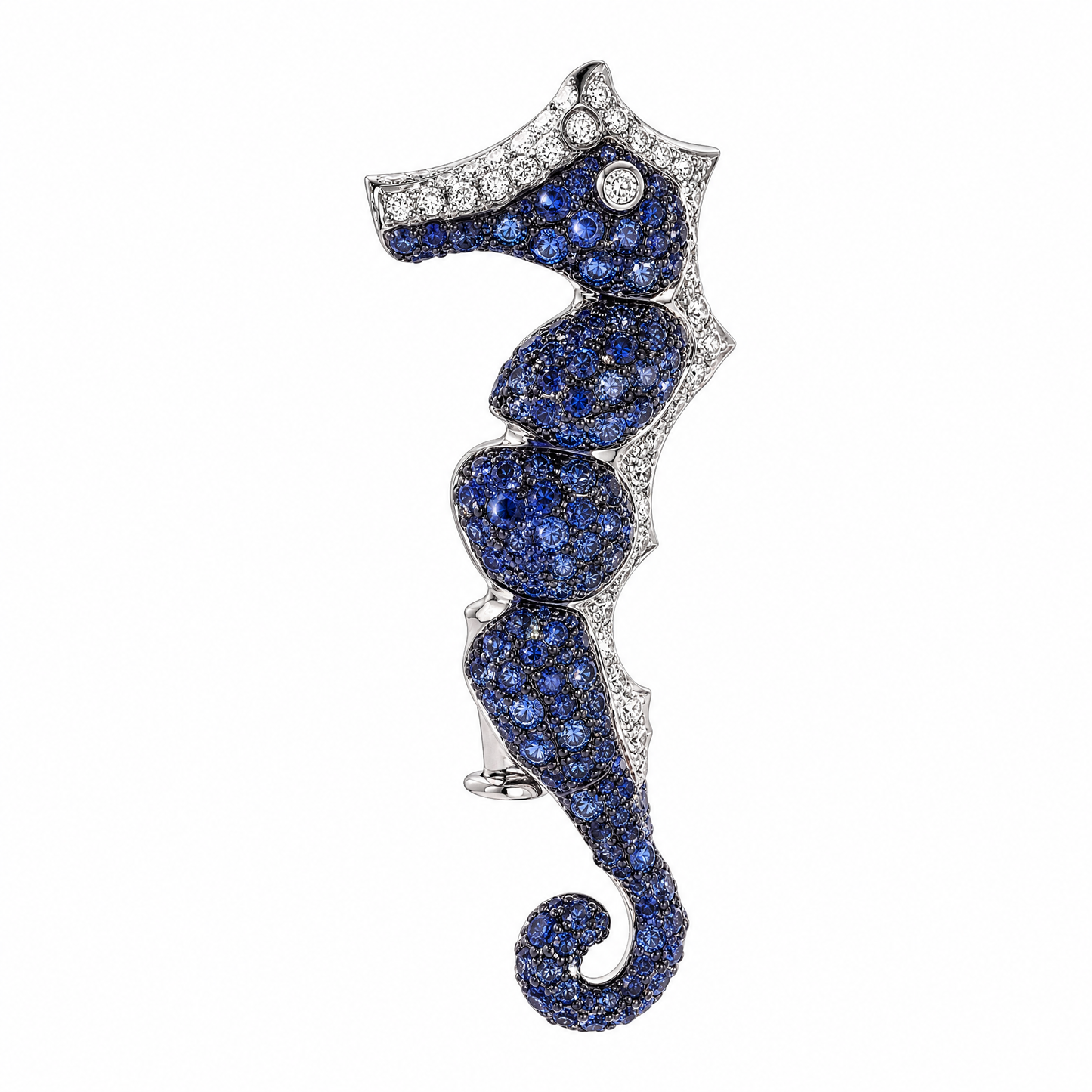 18K white gold sapphire and diamond seahorse pin-slider brooch, front view