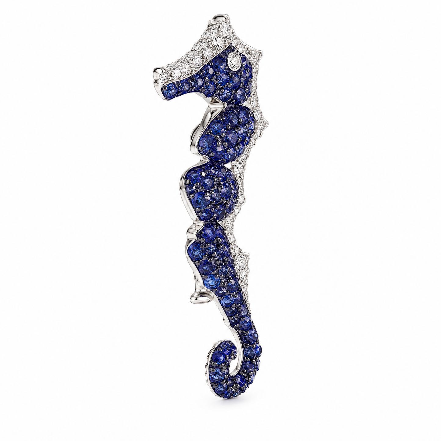 18K white gold sapphire and diamond seahorse pin-slider brooch, side angle view