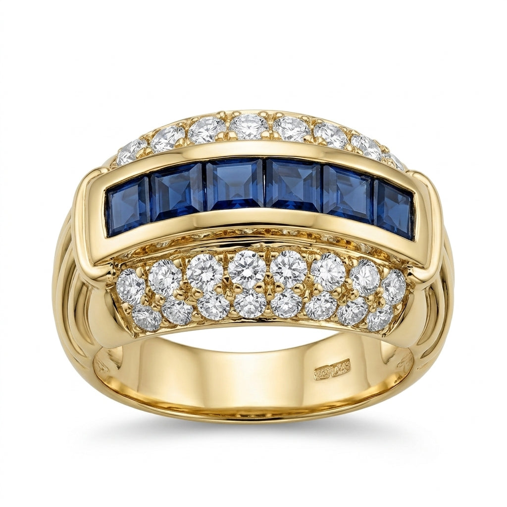 6 Square Sapphire & 32-Diamond Ring
