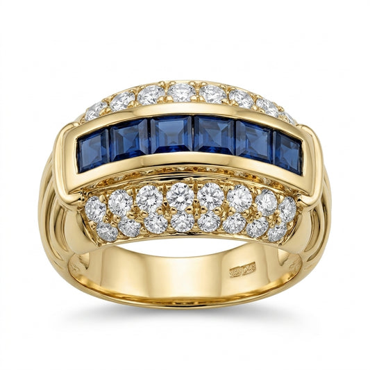 6 Square Sapphire & 32-Diamond Ring