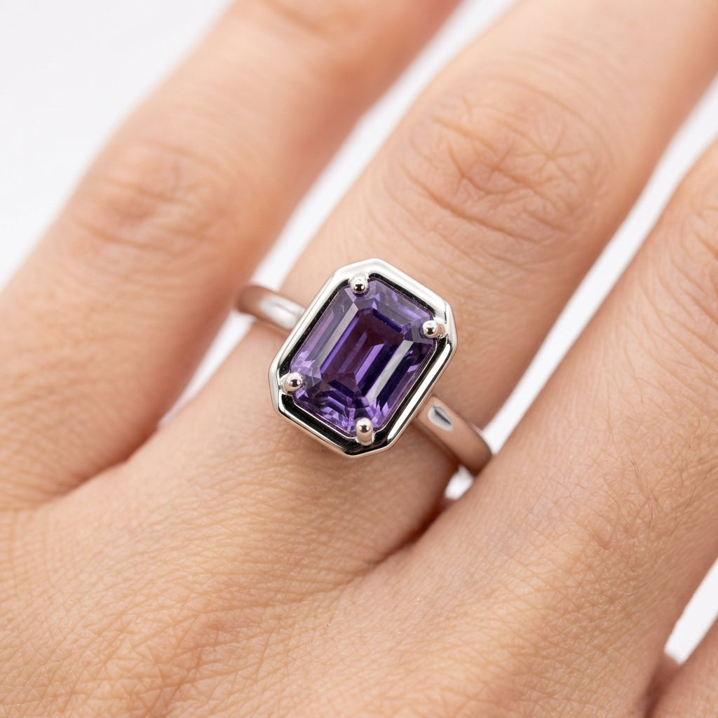 Rectangular Purple Sapphire Halo Ring