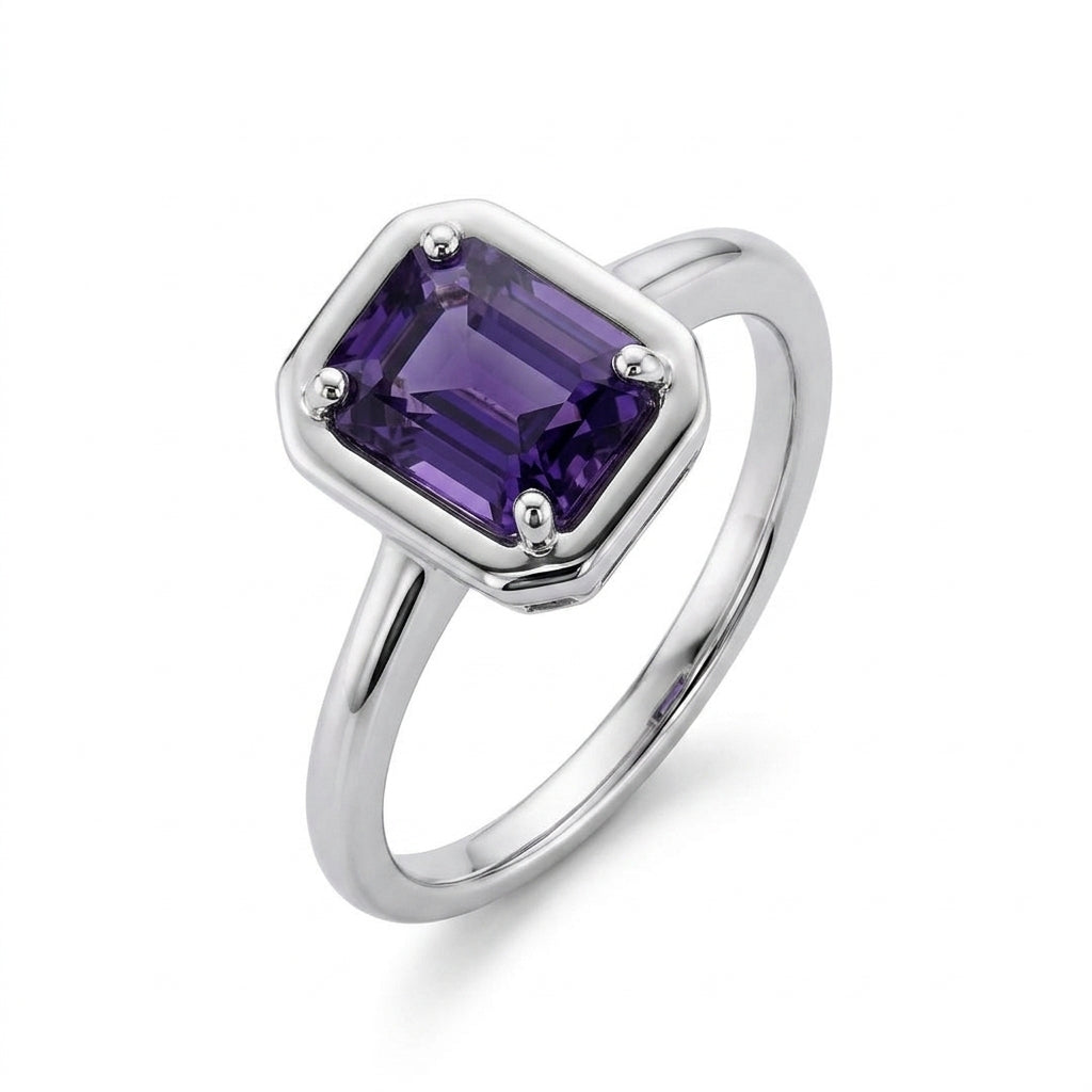 Rectangular Purple Sapphire Halo Ring