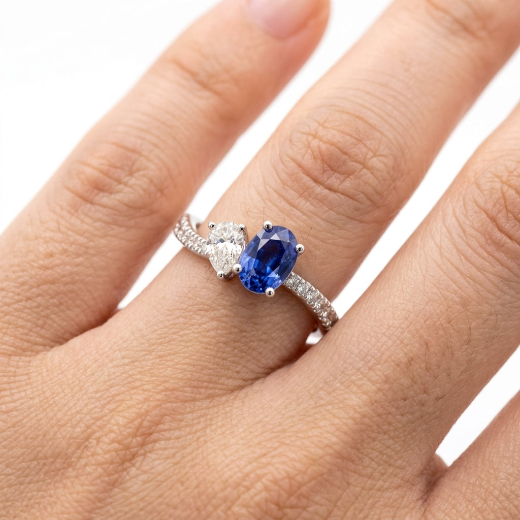 Oval Sapphire & Pear Diamond Toi et Moi Bypass Ring