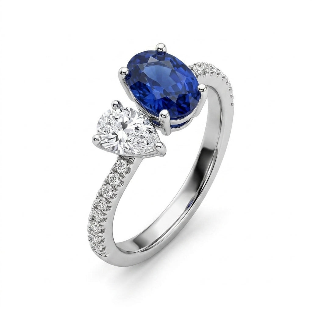 Oval Sapphire & Pear Diamond Toi et Moi Bypass Ring