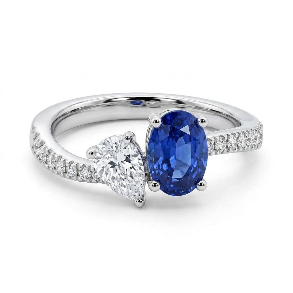 Oval Sapphire & Pear Diamond Toi et Moi Bypass Ring