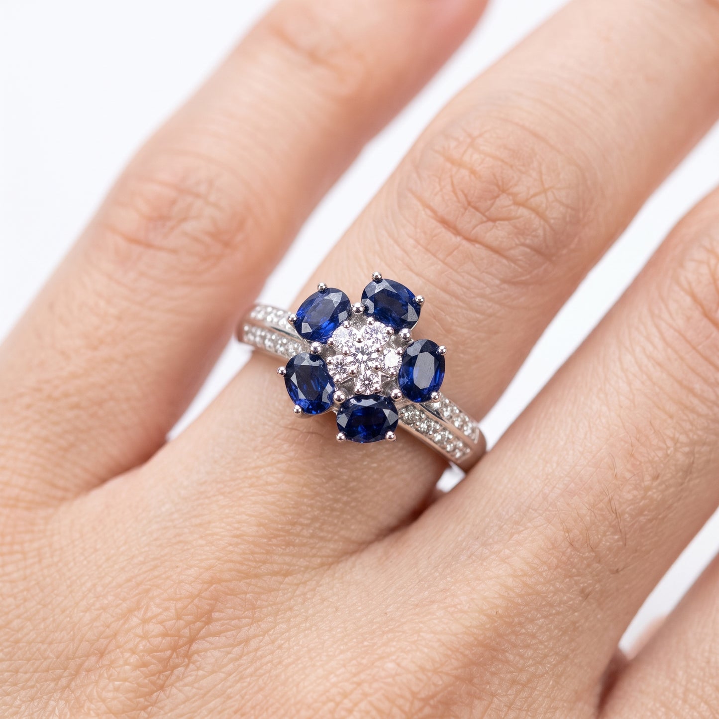 5 Oval Sapphire & Diamond Flower Ring