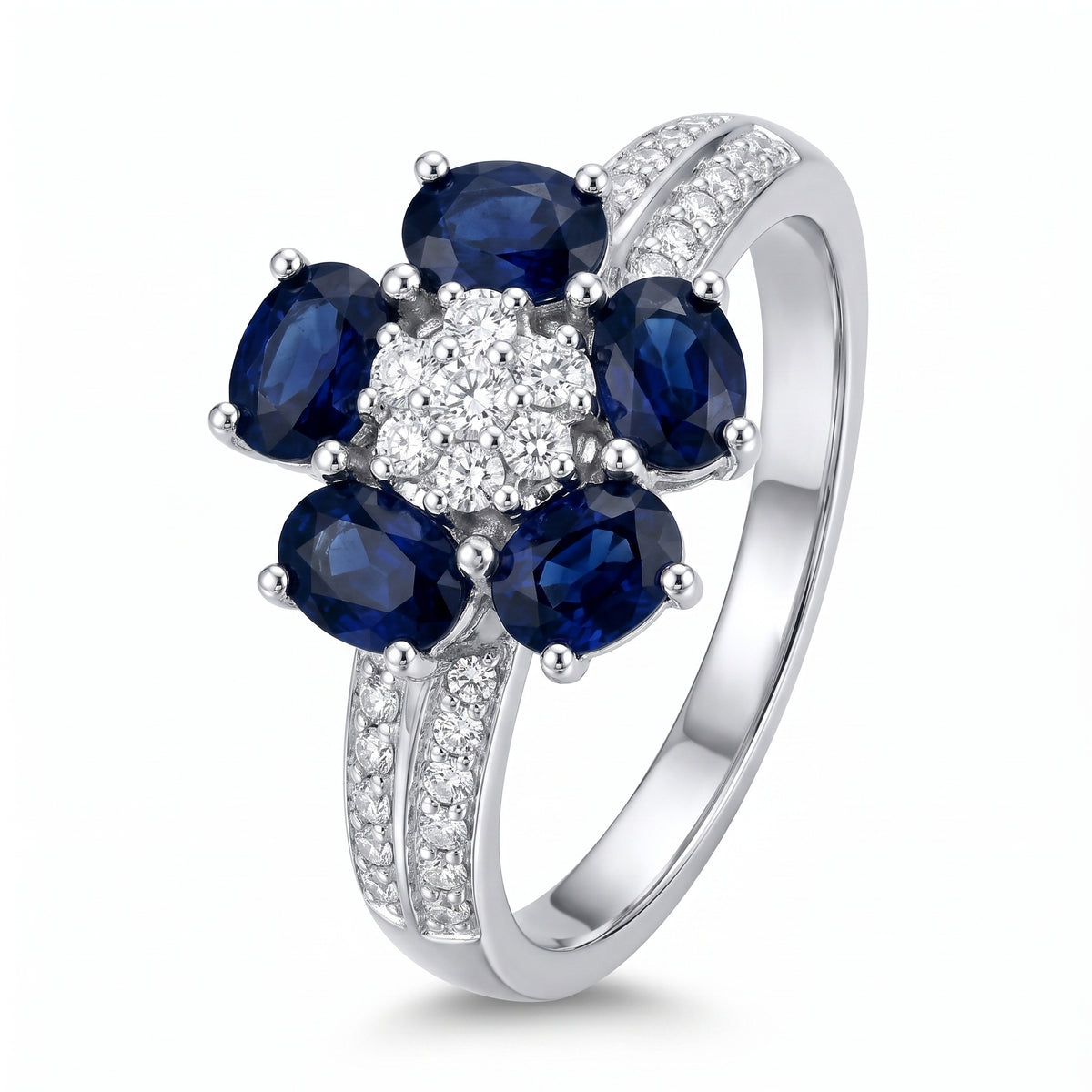 5 Oval Sapphire & Diamond Flower Ring