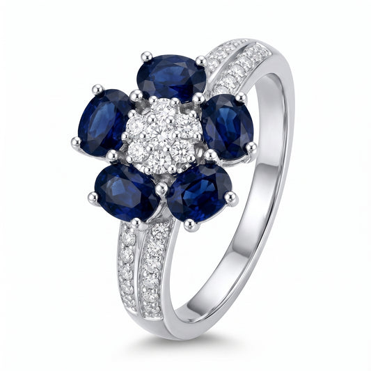 5 Oval Sapphire & Diamond Flower Ring