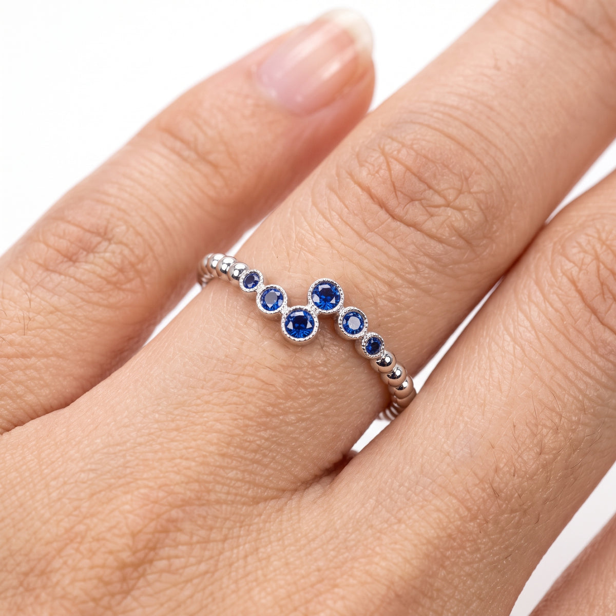 6 Round Bezel Set Sapphire Beaded Shank Ring