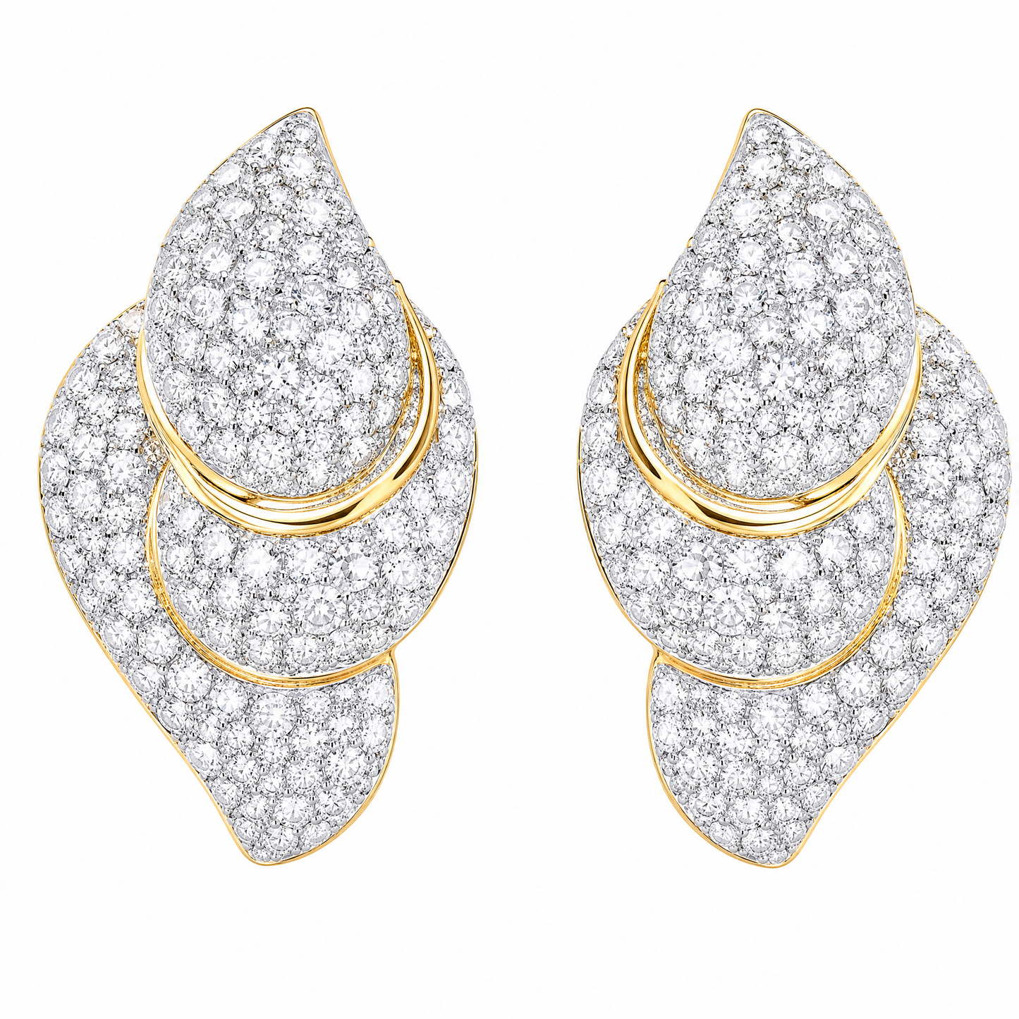 STL345 W-1 frontal pair - full pave diamond domed navette clip earrings with polished ribbon bands in 18K yellow gold