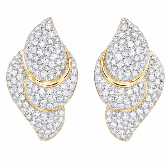 STL345 W-1 frontal pair - full pave diamond domed navette clip earrings with polished ribbon bands in 18K yellow gold