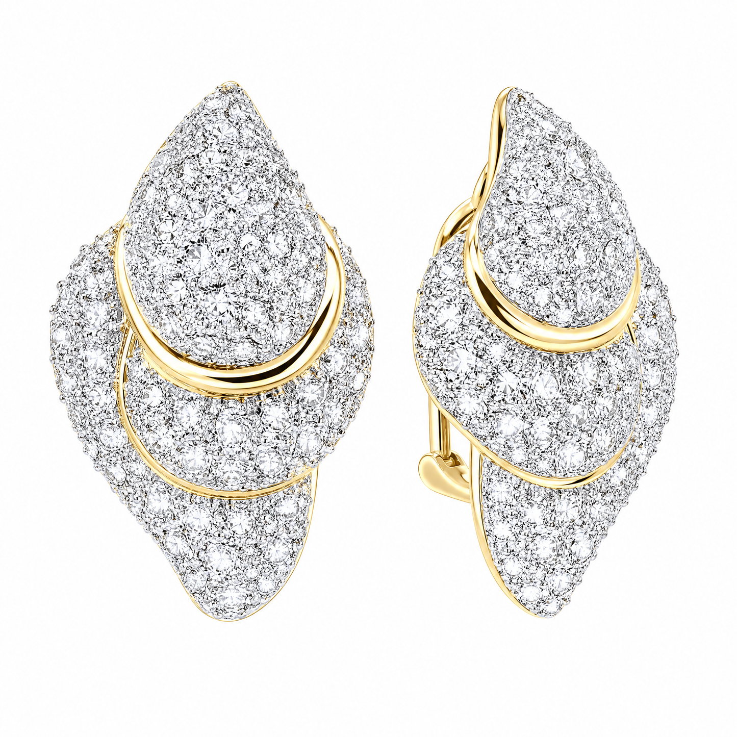 STL345 W-2 front and turned view showing French clip backing - full pave diamond domed navette clip earrings in 18K yellow gold